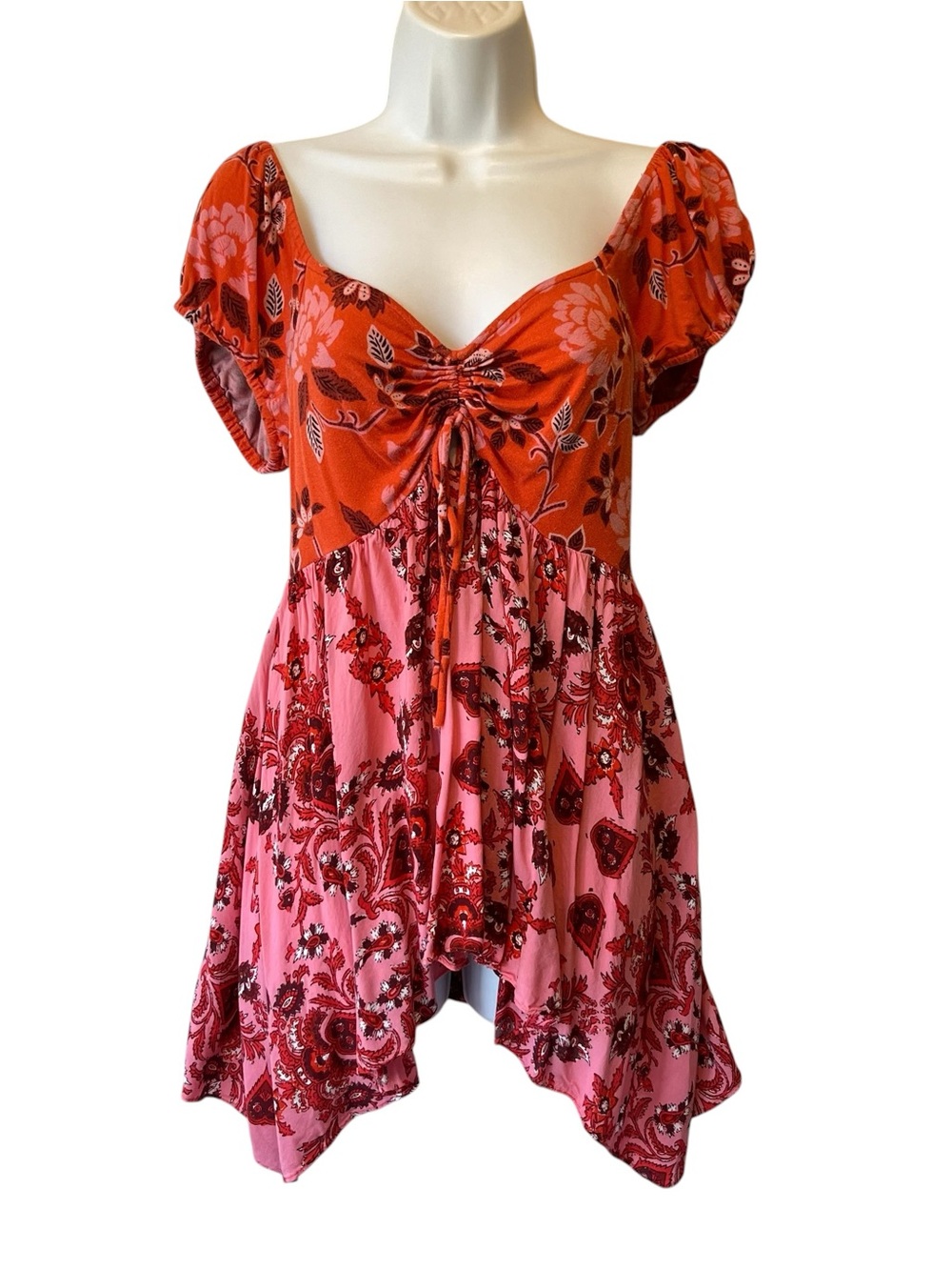 Free People La Bamba Babydoll Tunic Top M Pink Orange Smocked Boho Floral